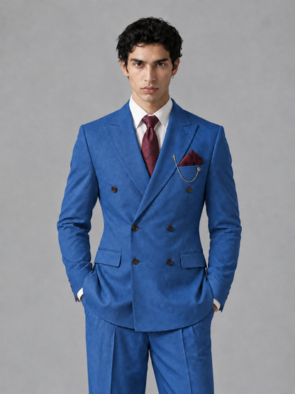 Savile Men's Blue Double-Breasted 2-Piece Suit Set – Peak Lapel Blazer & Pleated Wide-Leg Trousers - Blue - Blue_1