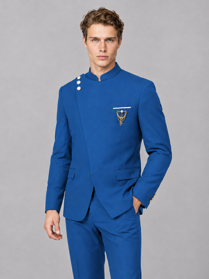 Savile Men's Blue Mandarin Collar Asymmetrical 2-Piece Suit Set – Modern Jacket & Trousers - Blue - Blue_1