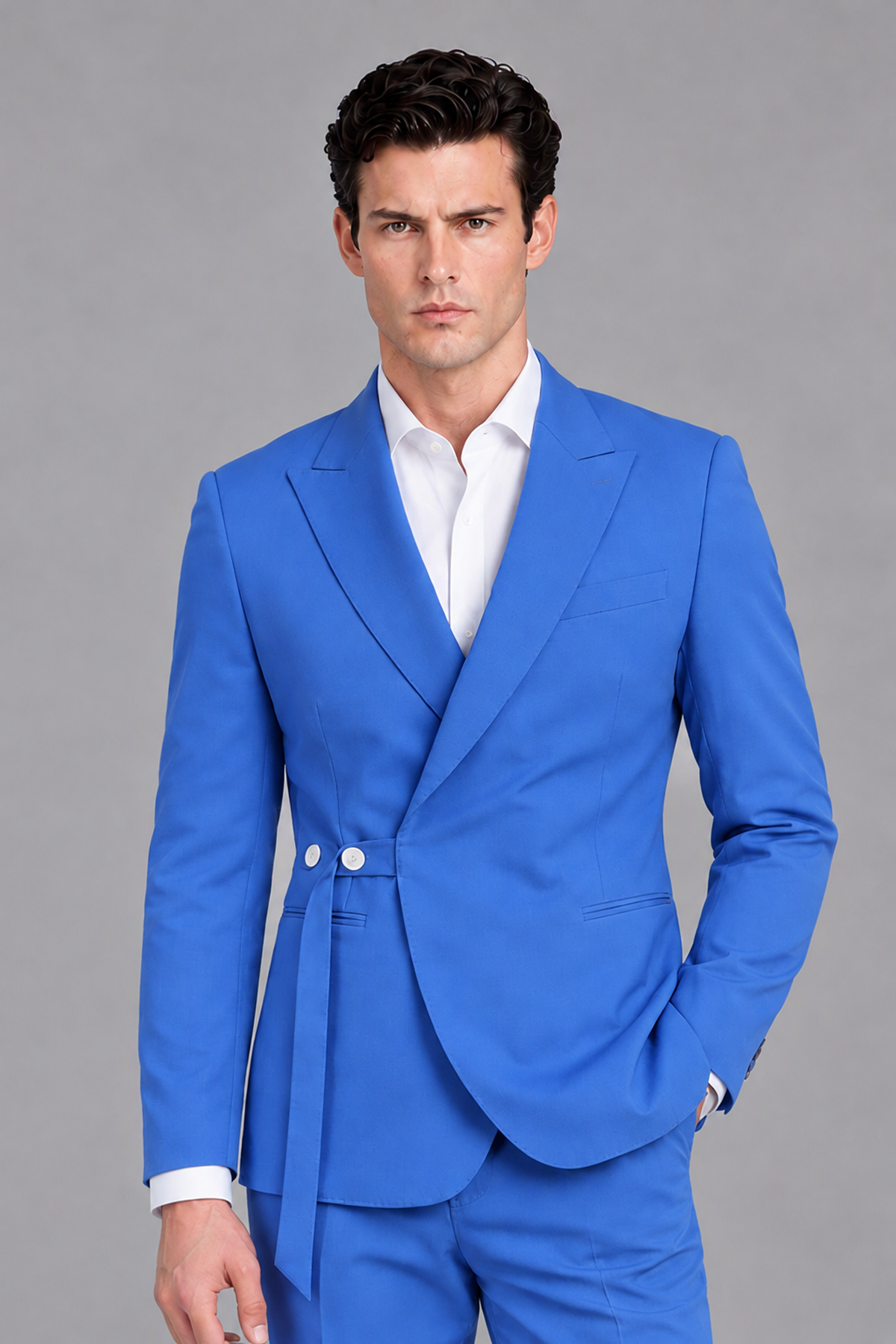 Savile Men's Modern Blue 2-Piece Wrap Suit Set – Peak Lapel Side-Button Blazer & Tailored Trousers - Blue - Blue_1