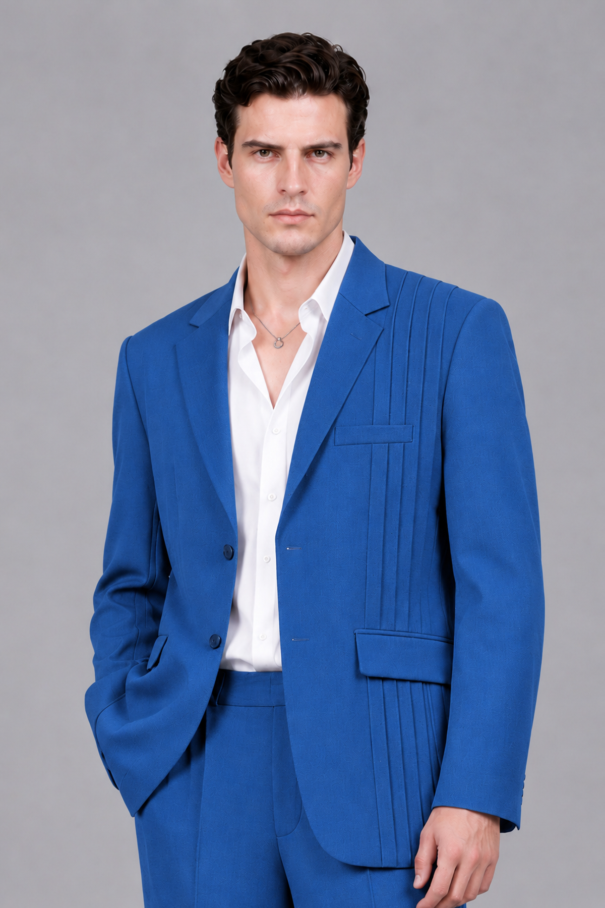 Savile Men's Blue Pleated 2-Piece Suit Set | Notch Lapel Blazer & Tailored Trousers - Blue - Blue_1