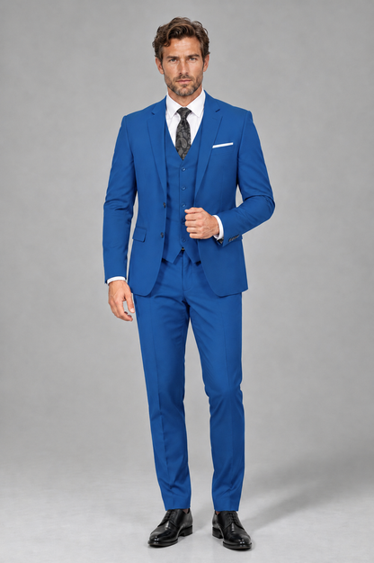 Savile Men's Blue 3-Piece Suit Set – Notch Lapel Blazer, Vest & Trousers - Blue - Blue_2