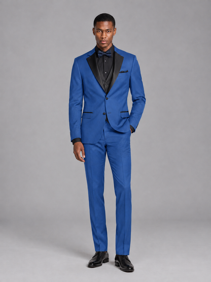 Savile Men's Blue Contrast Shawl Lapel Tuxedo Suit – 3-Piece Wedding, Prom & Black-Tie Formal Set - Blue - Blue_2