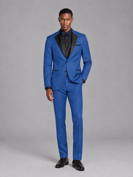 Savile Men's Blue Contrast Shawl Lapel Tuxedo Suit – 3-Piece Wedding, Prom & Black-Tie Formal Set - Blue - Blue_2