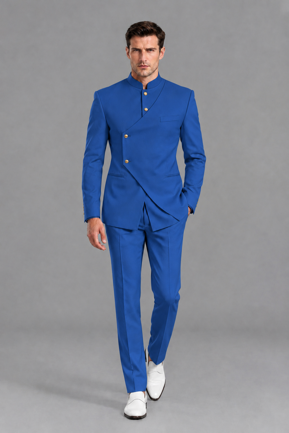 Savile Men's Blue Asymmetrical Mandarin Collar Tuxedo Suit – Modern 2-Piece Gold Button Wedding, Prom & Gala Set - Blue - Blue_2