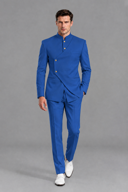 Savile Men's Blue Asymmetrical Mandarin Collar Tuxedo Suit – Modern 2-Piece Gold Button Wedding, Prom & Gala Set - Blue - Blue_2