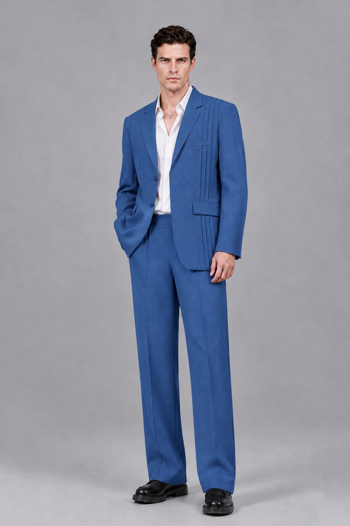 Savile Men's Blue Pleated 2-Piece Suit Set | Notch Lapel Blazer & Tailored Trousers - Blue - Blue_2
