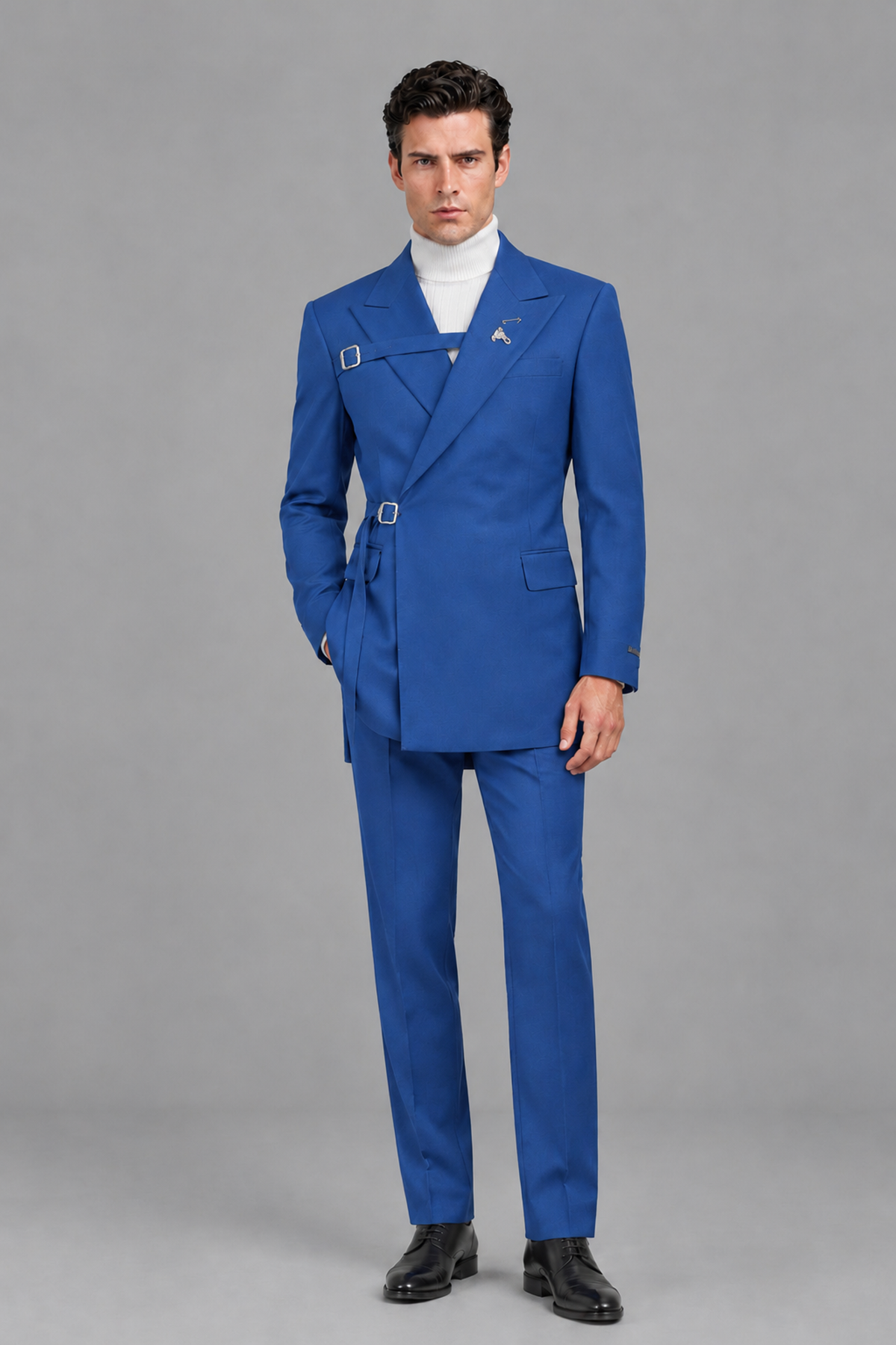 Savile Men's Blue Double Buckle Wrap Belted 2-Piece Suit Set – Peak Lapel Slim-Fit Jacket & Trousers - Blue - Blue_2