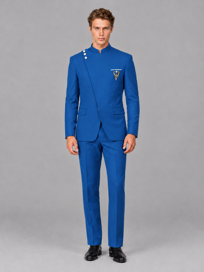 Savile Men's Blue Mandarin Collar Asymmetrical 2-Piece Suit Set – Modern Jacket & Trousers - Blue - Blue_2