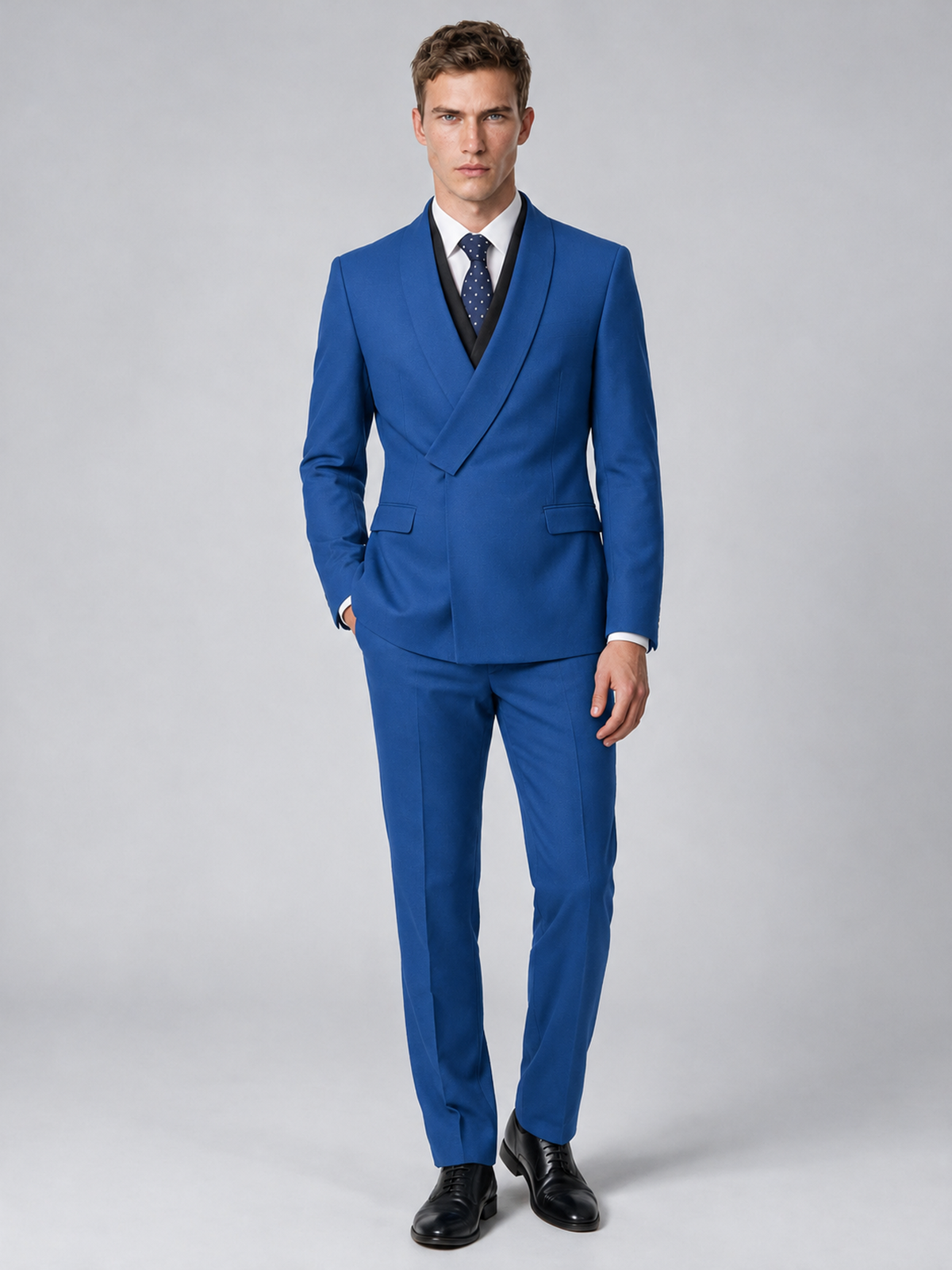 Savile Men's Blue Wrap Shawl Lapel 2-Piece Suit Set – Modern Jacket & Trousers - Blue - Blue_2