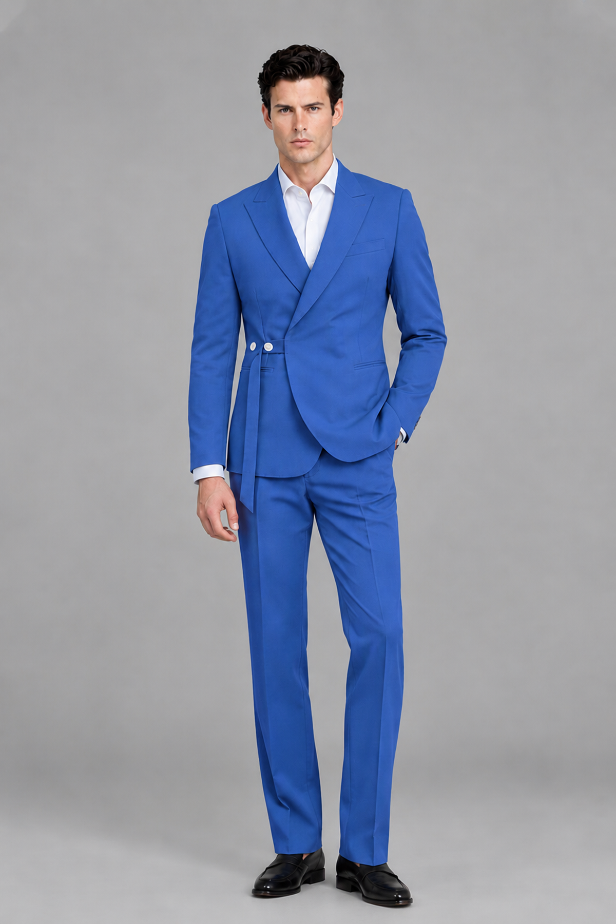 Savile Men's Modern Blue 2-Piece Wrap Suit Set – Peak Lapel Side-Button Blazer & Tailored Trousers - Blue - Blue_2