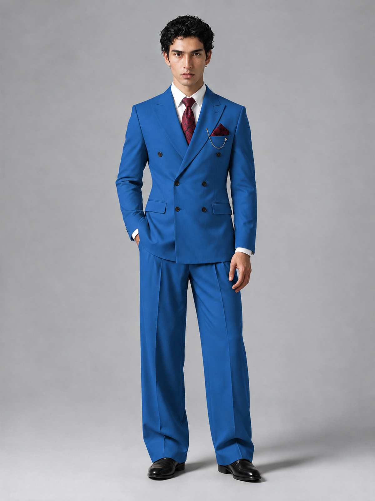 Savile Men's Blue Double-Breasted 2-Piece Suit Set – Peak Lapel Blazer & Pleated Wide-Leg Trousers - Blue - Blue_2