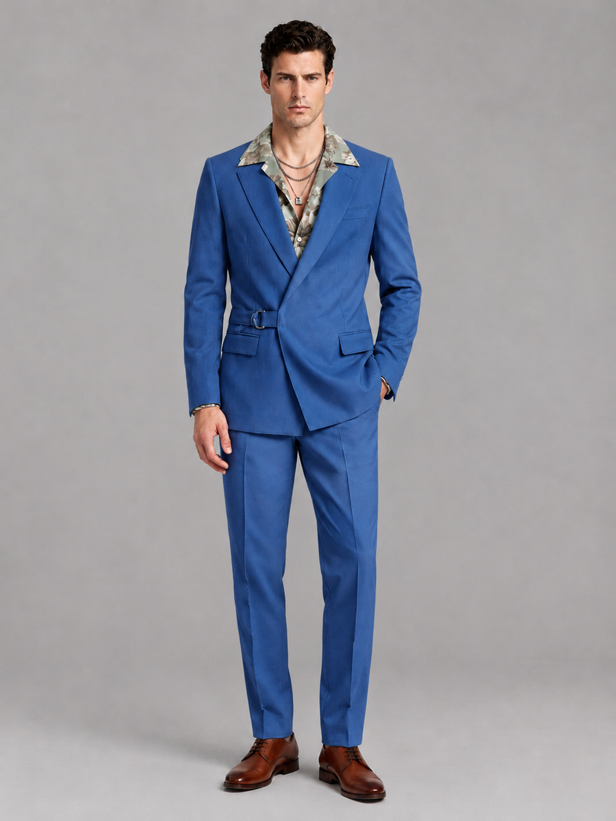 Savile Men's Blue Belted Wrap 2-Piece Suit – Peak Lapel Blazer & Tailored Trousers - SUC060 - Blue - Blue_2