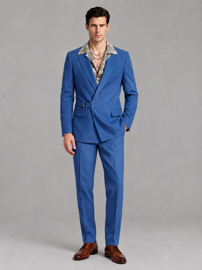Savile Men's Blue Belted Wrap 2-Piece Suit – Peak Lapel Blazer & Tailored Trousers - SUC060 - Blue - Blue_2