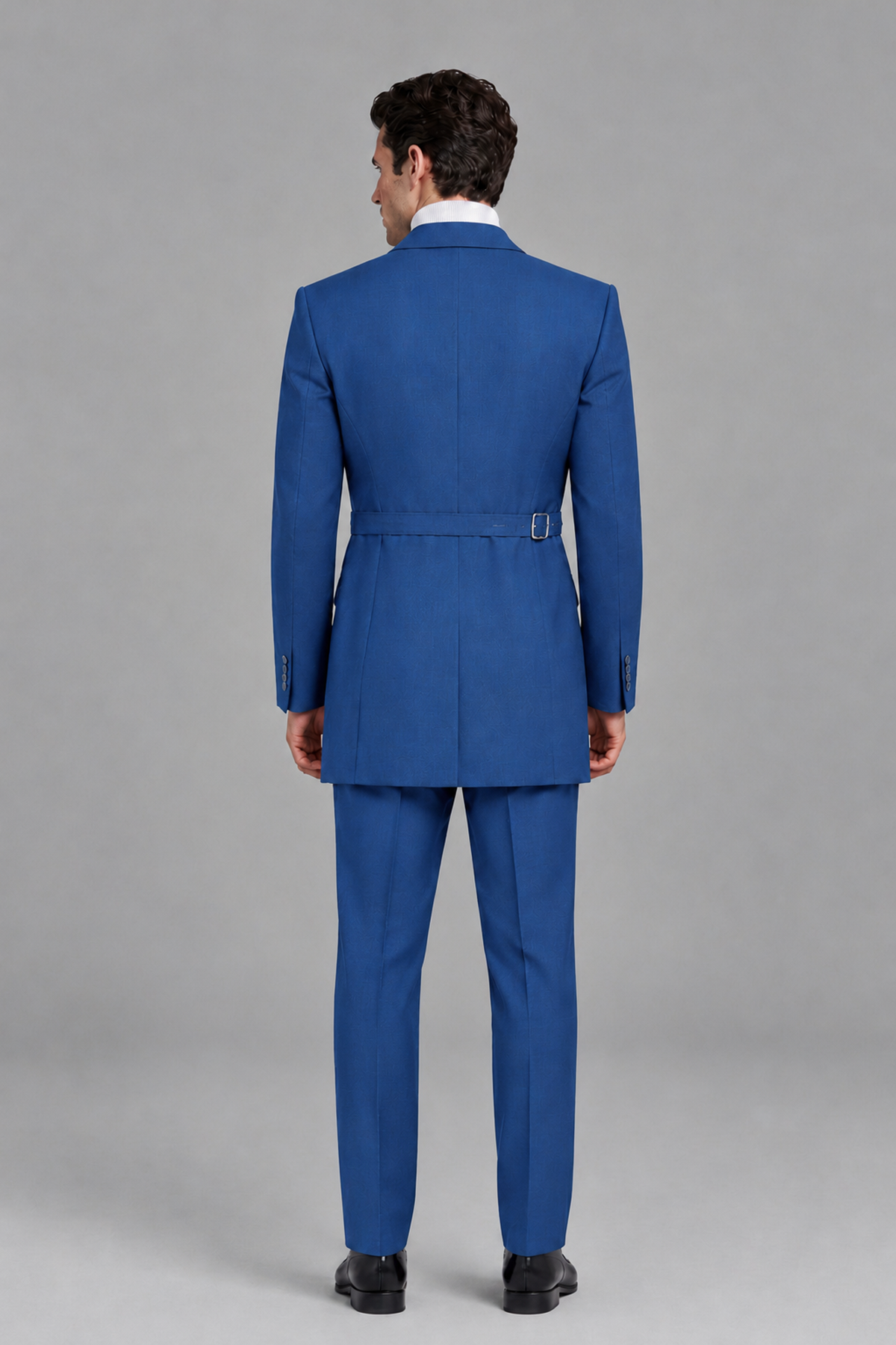 Savile Men's Blue Double Buckle Wrap Belted 2-Piece Suit Set – Peak Lapel Slim-Fit Jacket & Trousers - Blue - Blue_3