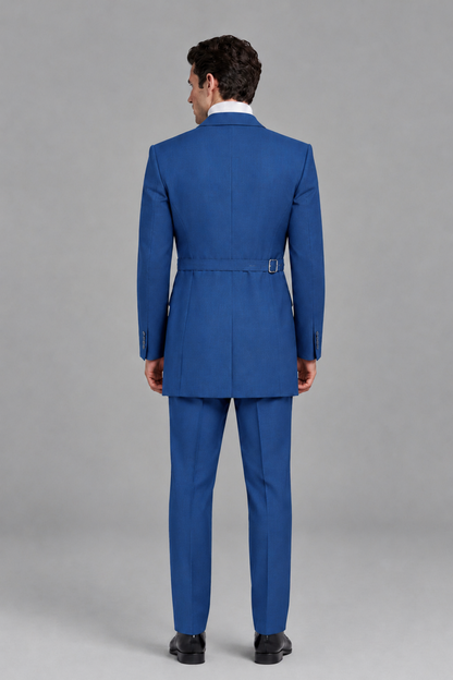 Savile Men's Blue Double Buckle Wrap Belted 2-Piece Suit Set – Peak Lapel Slim-Fit Jacket & Trousers - Blue - Blue_3