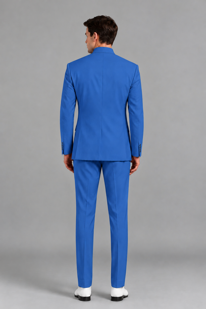 Savile Men's Blue Asymmetrical Mandarin Collar Tuxedo Suit – Modern 2-Piece Gold Button Wedding, Prom & Gala Set - Blue - Blue_3