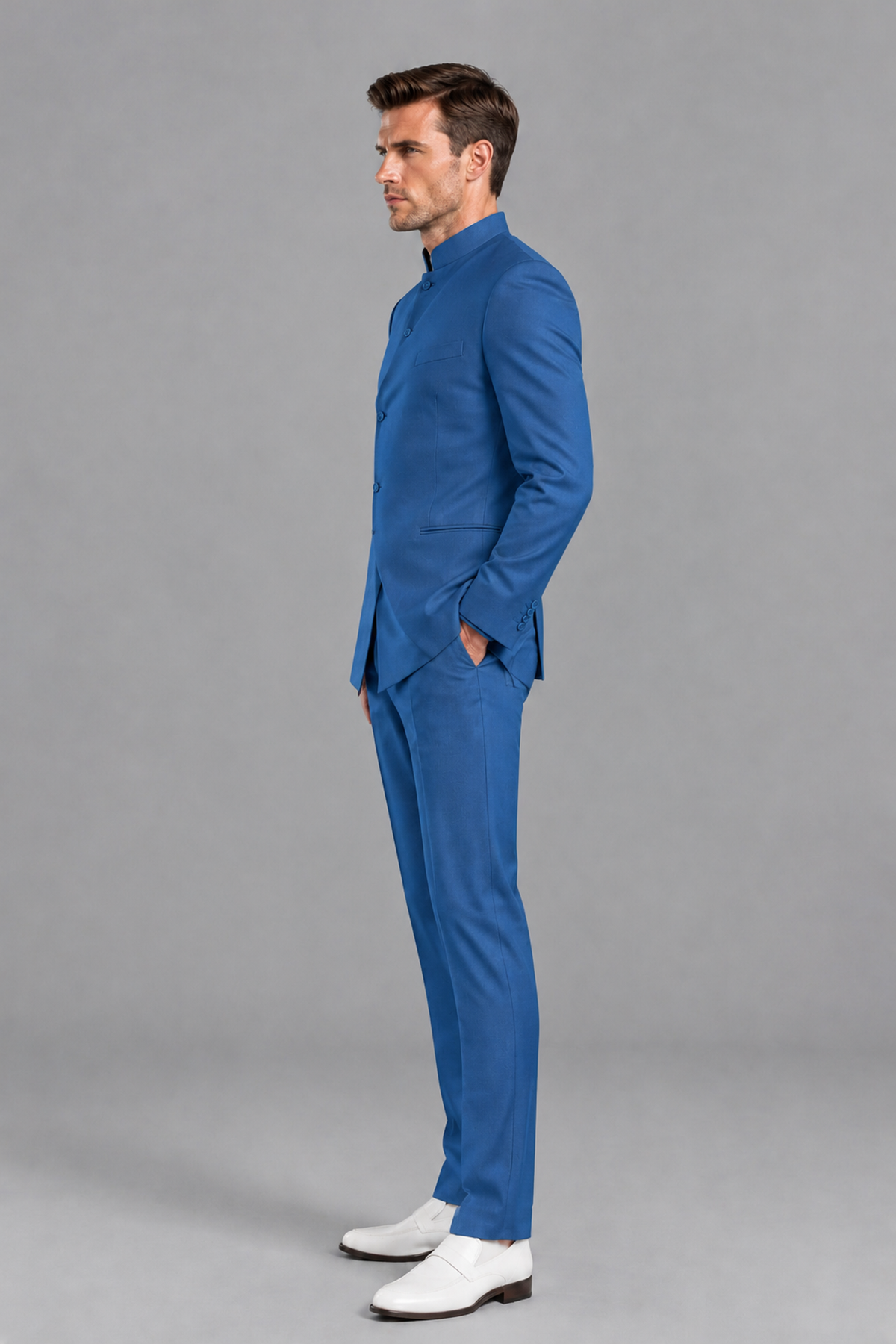 Savile Men's Blue Asymmetrical Mandarin Collar Tuxedo Suit – Modern 2-Piece Gold Button Wedding, Prom & Gala Set - Blue - Blue_4