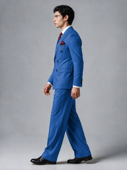 Savile Men's Blue Double-Breasted 2-Piece Suit Set – Peak Lapel Blazer & Pleated Wide-Leg Trousers - Blue - Blue_4