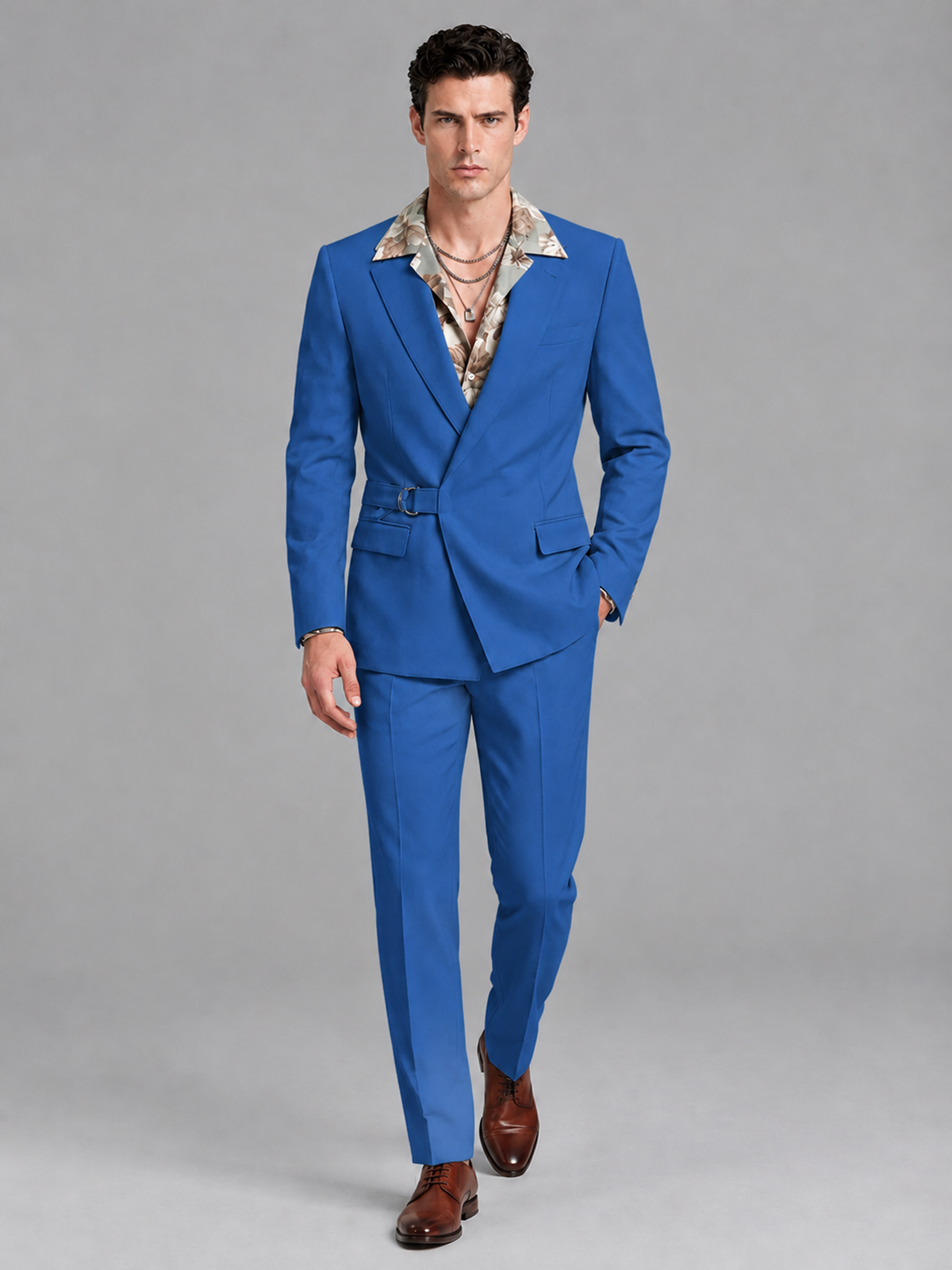 Savile Men's Blue Belted Wrap 2-Piece Suit – Peak Lapel Blazer & Tailored Trousers - SUC060 - Blue - Blue_4