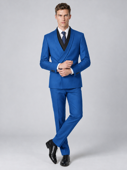 Savile Men's Blue Wrap Shawl Lapel 2-Piece Suit Set – Modern Jacket & Trousers - Blue - Blue_4