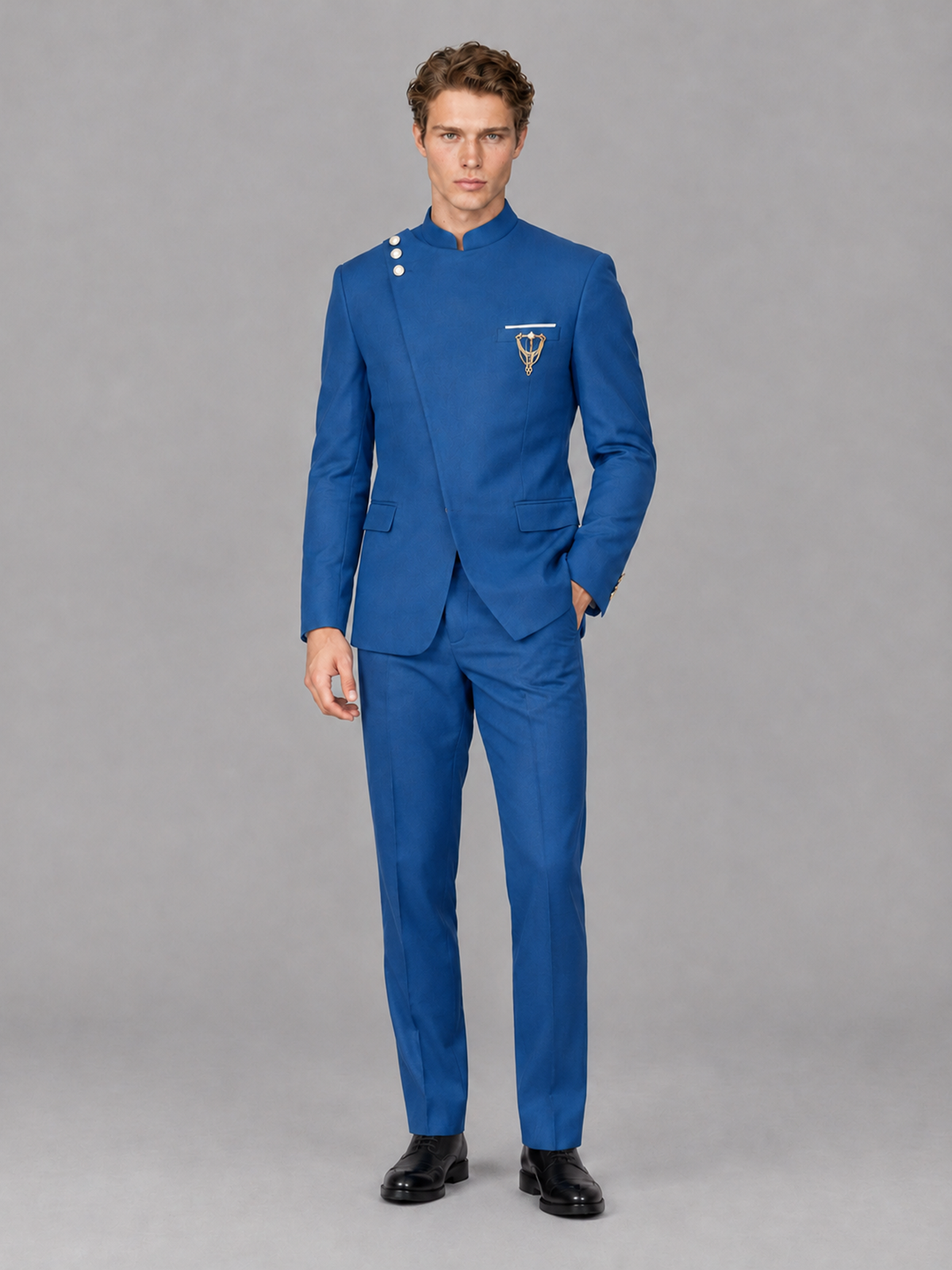 Savile Men's Blue Mandarin Collar Asymmetrical 2-Piece Suit Set – Modern Jacket & Trousers - Blue - Blue_4