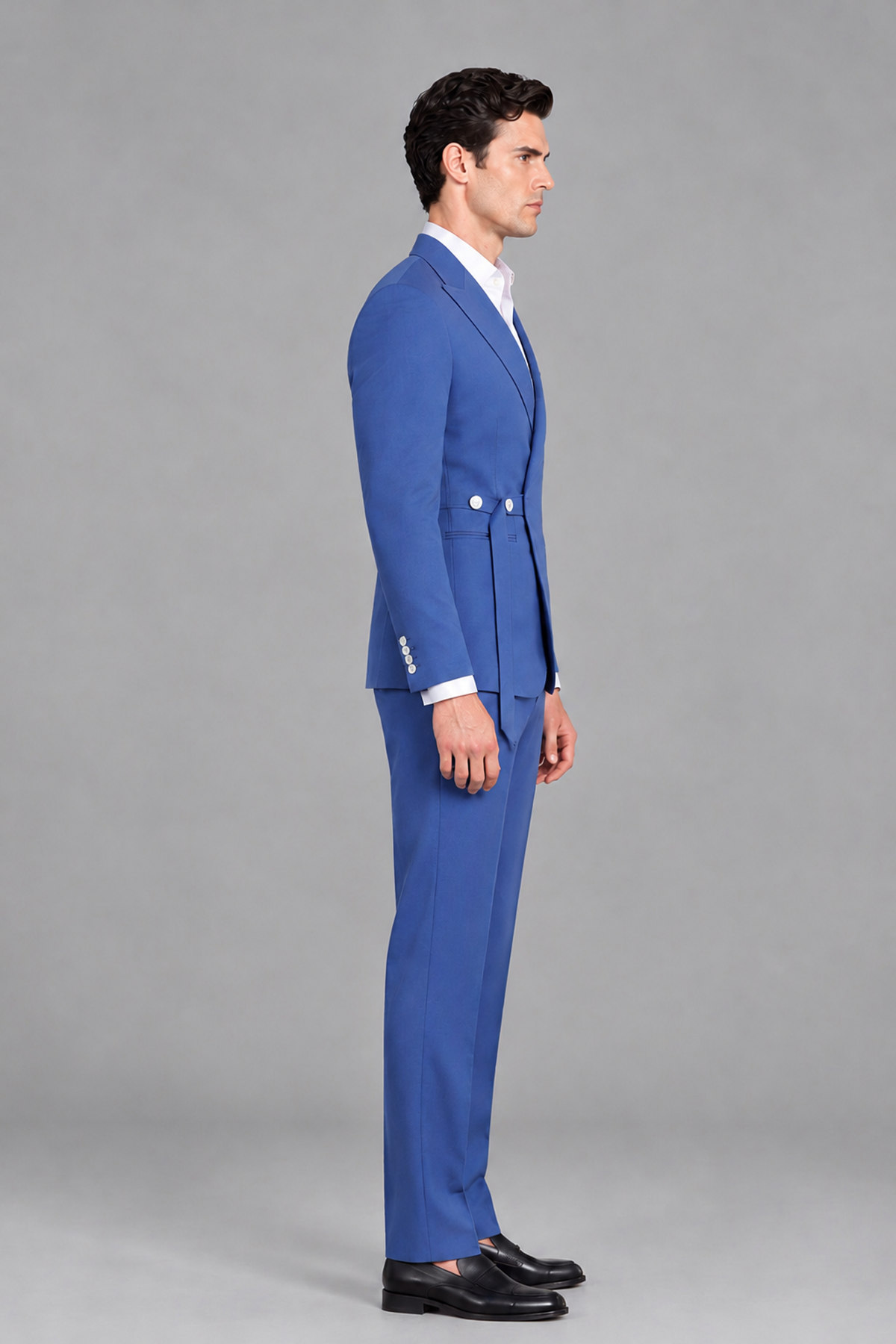 Savile Men's Modern Blue 2-Piece Wrap Suit Set – Peak Lapel Side-Button Blazer & Tailored Trousers - Blue - Blue_4