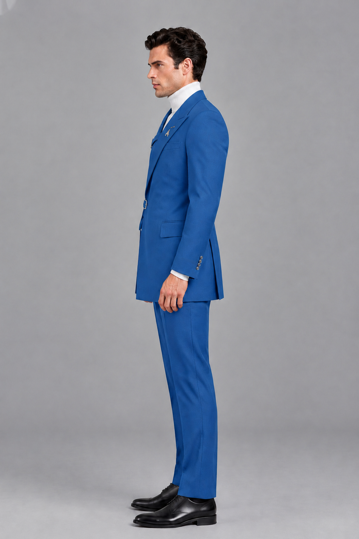 Savile Men's Blue Double Buckle Wrap Belted 2-Piece Suit Set – Peak Lapel Slim-Fit Jacket & Trousers - Blue - Blue_4