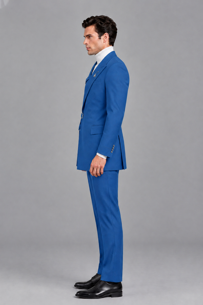 Savile Men's Blue Double Buckle Wrap Belted 2-Piece Suit Set – Peak Lapel Slim-Fit Jacket & Trousers - Blue - Blue_4