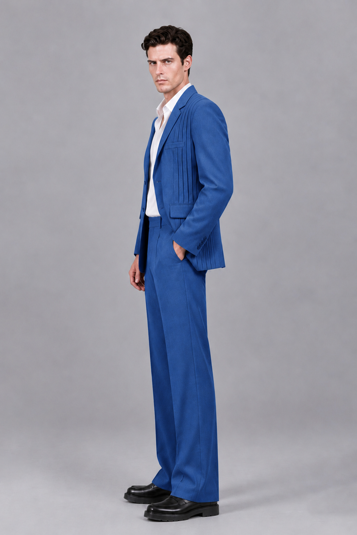 Savile Men's Blue Pleated 2-Piece Suit Set | Notch Lapel Blazer & Tailored Trousers - Blue - Blue_4