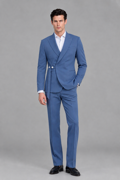 Savile Men's Modern Blue 2-Piece Wrap Suit Set – Peak Lapel Side-Button Blazer & Tailored Trousers - Blue - Blue_5