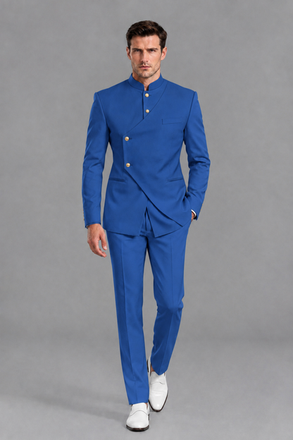 Savile Men's Blue Asymmetrical Mandarin Collar Tuxedo Suit – Modern 2-Piece Gold Button Wedding, Prom & Gala Set - Blue - Blue_5