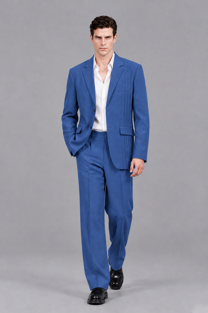 Savile Men's Blue Pleated 2-Piece Suit Set | Notch Lapel Blazer & Tailored Trousers - Blue - Blue_5