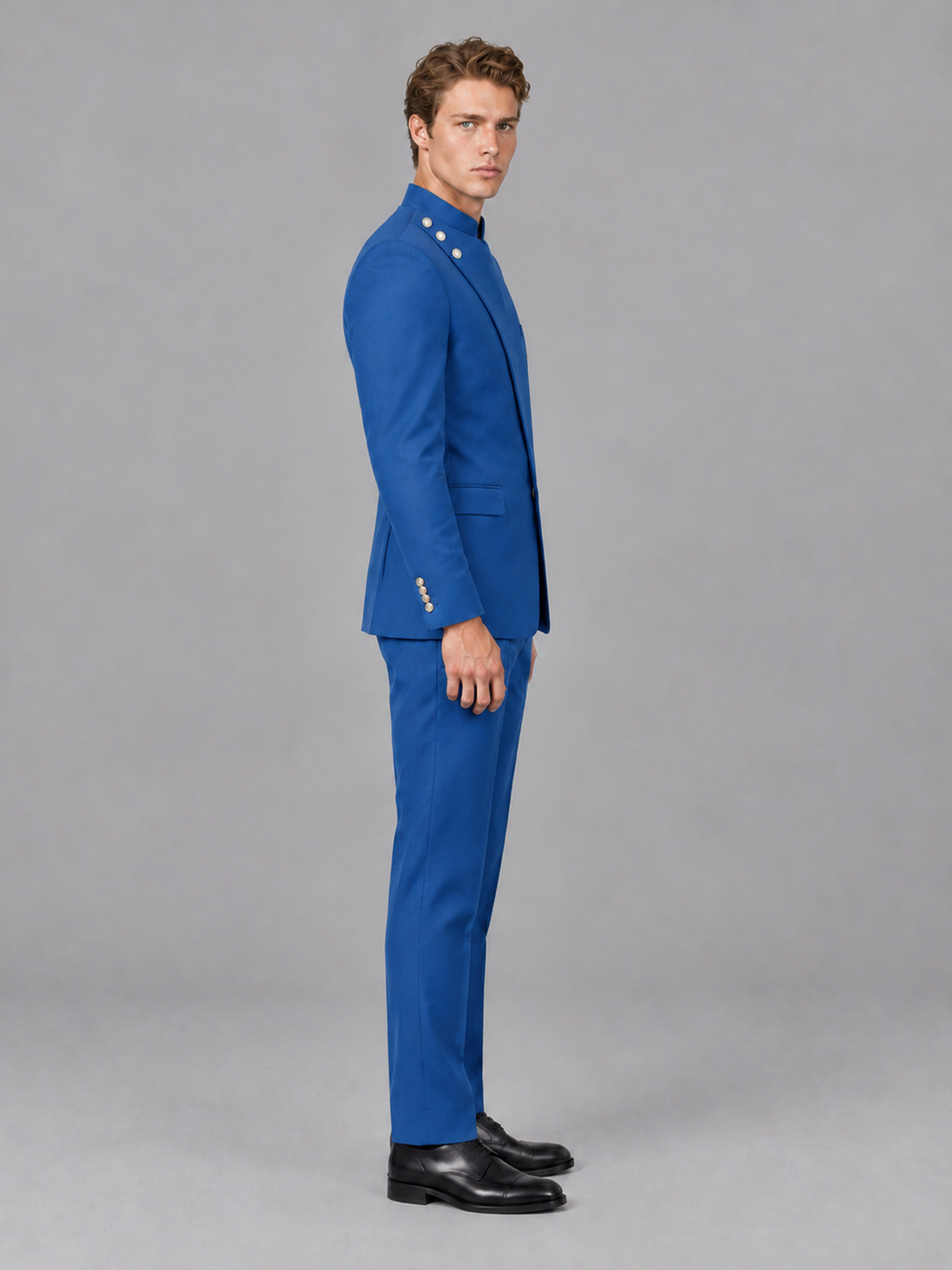 Savile Men's Blue Mandarin Collar Asymmetrical 2-Piece Suit Set – Modern Jacket & Trousers - Blue - Blue_5