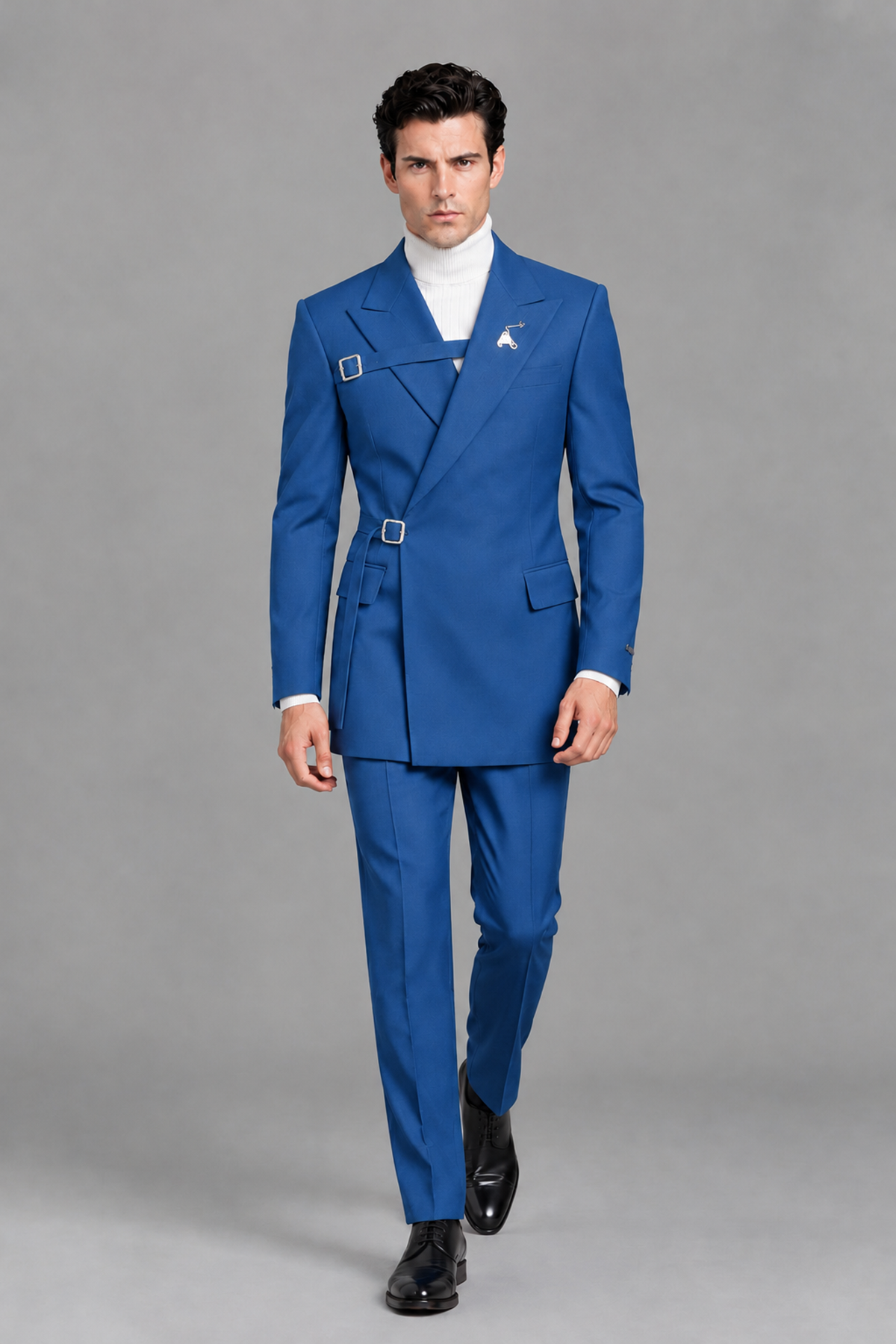 Savile Men's Blue Double Buckle Wrap Belted 2-Piece Suit Set – Peak Lapel Slim-Fit Jacket & Trousers - Blue - Blue_5