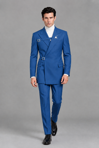 Savile Men's Blue Double Buckle Wrap Belted 2-Piece Suit Set – Peak Lapel Slim-Fit Jacket & Trousers - Blue - Blue_5