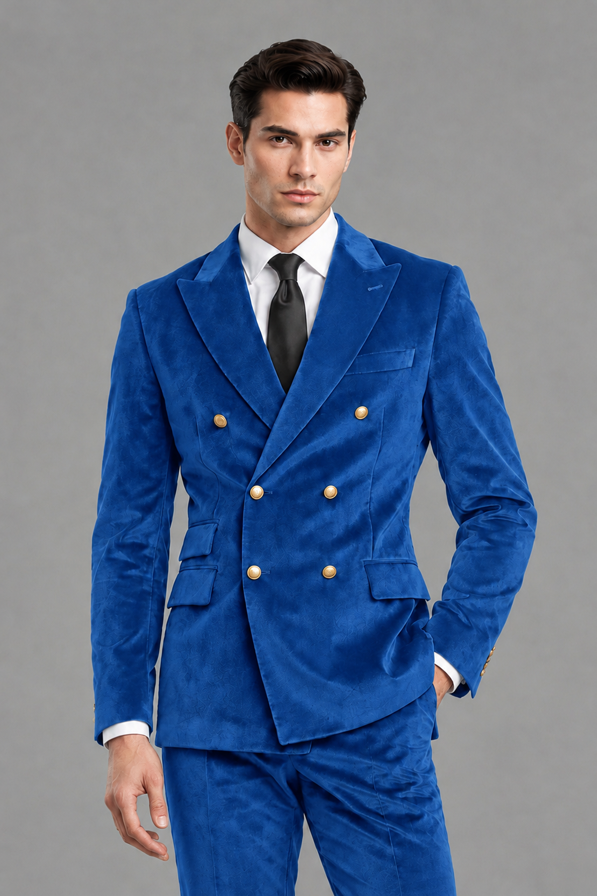 Savile Men's Blue Velvet Double-Breasted 2-Piece Suit Set | Peak Lapel Blazer & Trousers - Blue