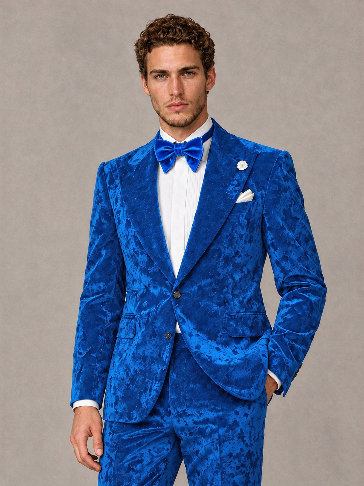 Savile Men's Blue Crushed Velvet Peak Lapel 2-Piece Suit Set | Jacket & Trousers - Blue - Blue (1)