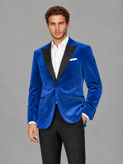 Savile Men's Blue Velvet Peak Lapel 2-Piece Tuxedo Suit Set | Jacket & Trousers - Blue