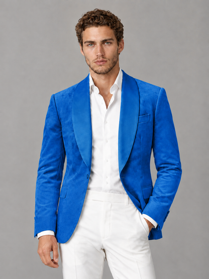 Savile Men's Blue Velvet Shawl Lapel 2-Piece Tuxedo Suit Set | Jacket & White Trousers - Blue - Blue (1)