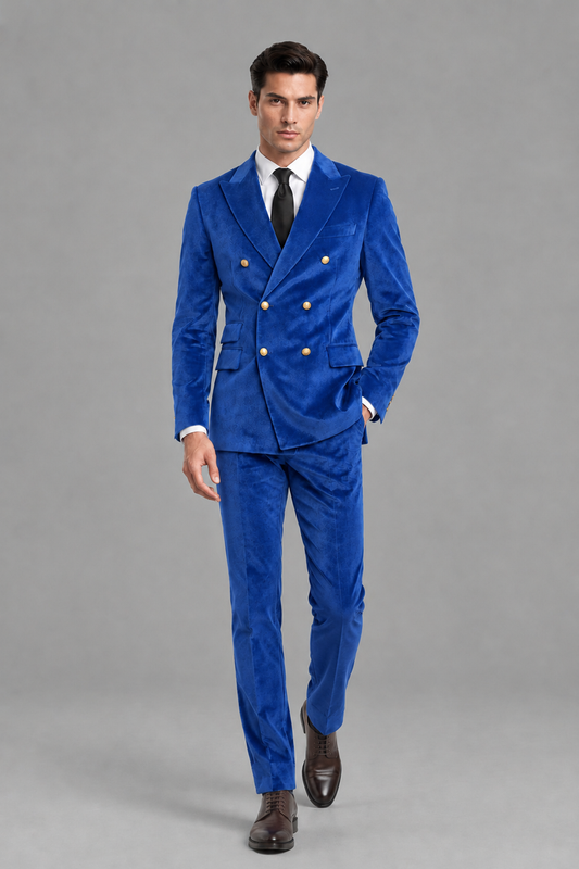 Savile Men's Blue Velvet Double-Breasted 2-Piece Suit Set | Peak Lapel Blazer & Trousers - Blue