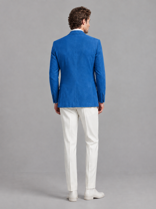 Savile Men's Blue Velvet Shawl Lapel 2-Piece Tuxedo Suit Set | Jacket & White Trousers - Blue - Blue (2)