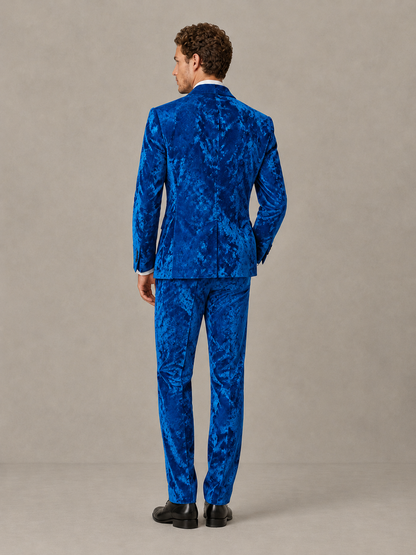 Savile Men's Blue Crushed Velvet Peak Lapel 2-Piece Suit Set | Jacket & Trousers - Blue - Blue (2)