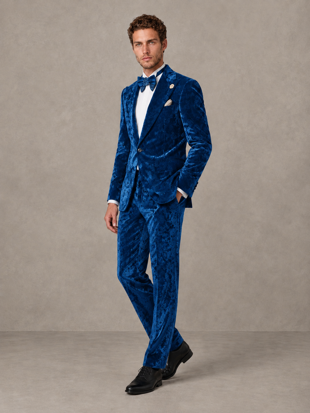 Savile Men's Blue Crushed Velvet Peak Lapel 2-Piece Suit Set | Jacket & Trousers - Blue - Blue (3)