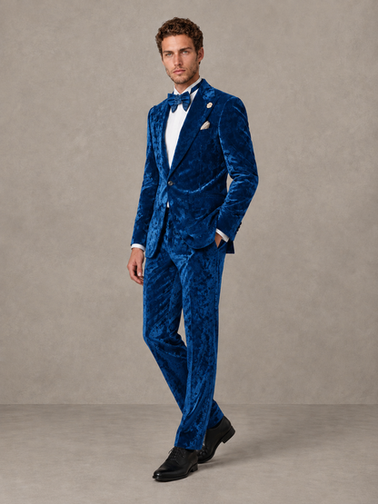 Savile Men's Blue Crushed Velvet Peak Lapel 2-Piece Suit Set | Jacket & Trousers - Blue - Blue (3)