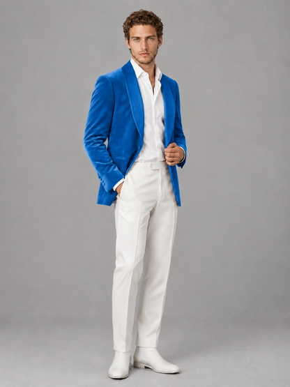 Savile Men's Blue Velvet Shawl Lapel 2-Piece Tuxedo Suit Set | Jacket & White Trousers - Blue - Blue (3)