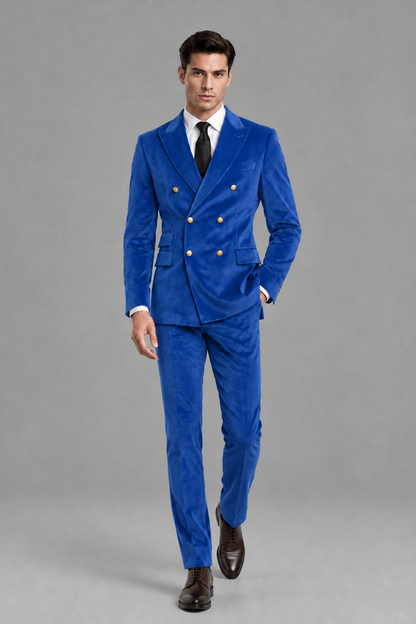 Savile Men's Blue Velvet Double-Breasted 2-Piece Suit Set | Peak Lapel Blazer & Trousers - Blue