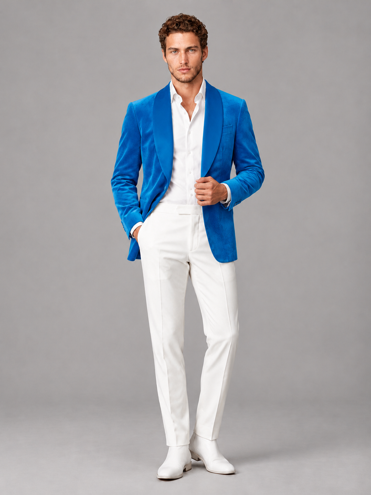Savile Men's Blue Velvet Shawl Lapel 2-Piece Tuxedo Suit Set | Jacket & White Trousers - Blue - Blue (4)