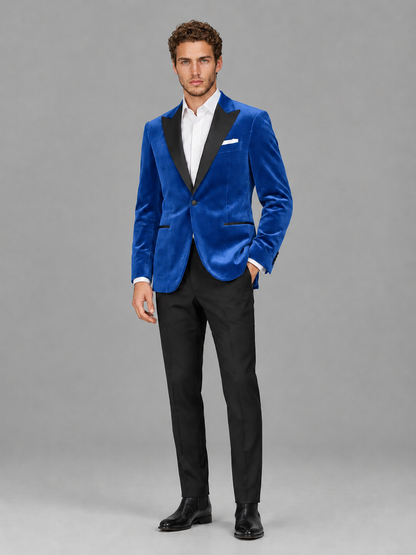 Savile Men's Blue Velvet Peak Lapel 2-Piece Tuxedo Suit Set | Jacket & Trousers - Blue