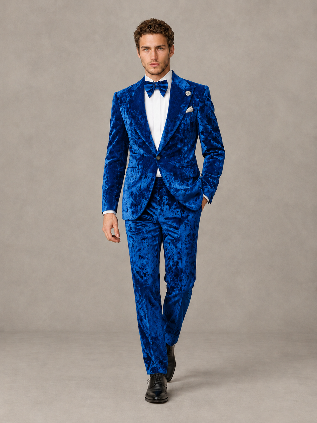 Savile Men's Blue Crushed Velvet Peak Lapel 2-Piece Suit Set | Jacket & Trousers - Blue - Blue (4)