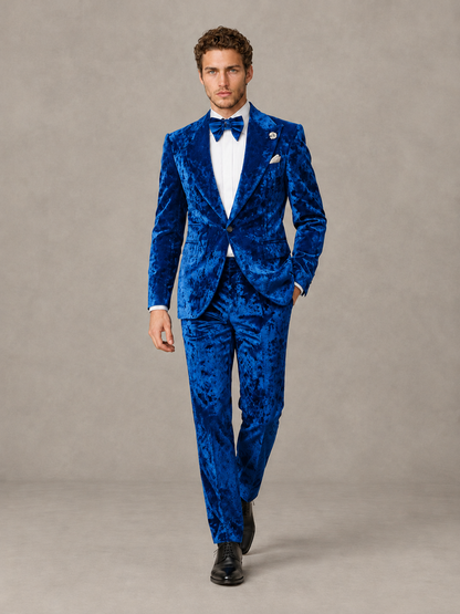 Savile Men's Blue Crushed Velvet Peak Lapel 2-Piece Suit Set | Jacket & Trousers - Blue - Blue (4)